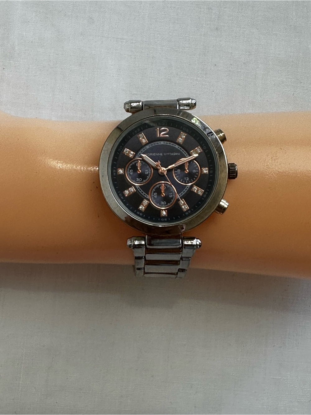 Adrienne Vittadini Woman’s Gunmetal Rhinestone Chronograph Style Watch Y2K Glam